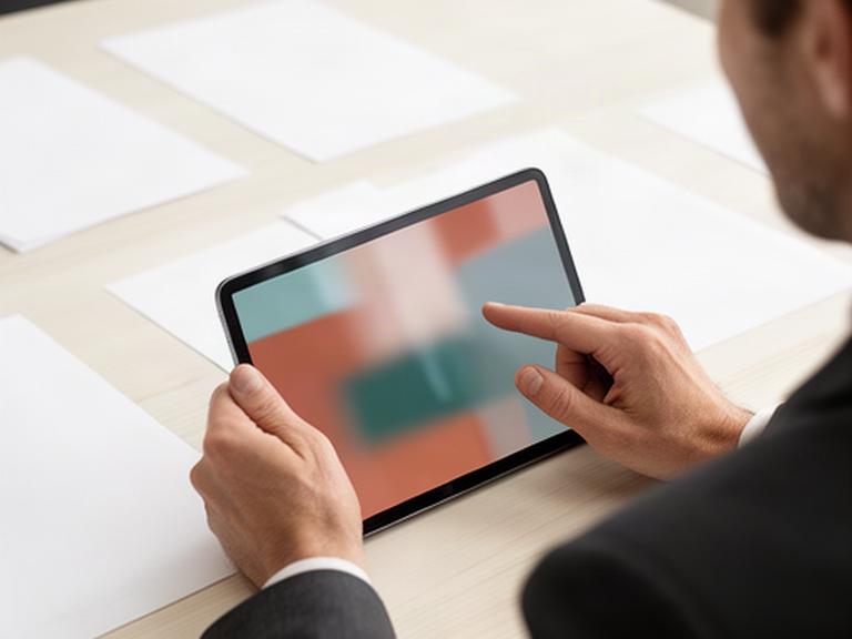 Persona revisando condiciones de uso en una tableta junto a papeles legales