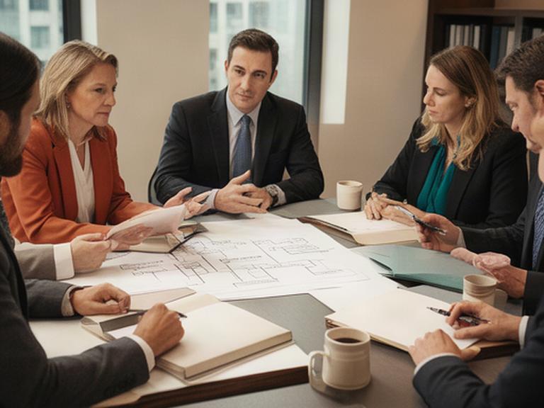 Reunión de trabajo entre profesionales jurídicos revisando una estrategia sobre una mesa