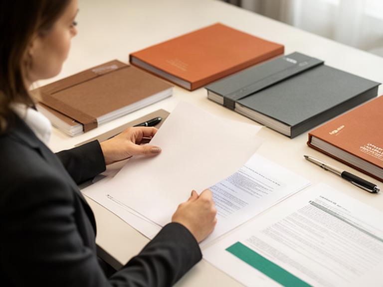 Abogada revisando documentos legales sobre una mesa de trabajo con expedientes ordenados