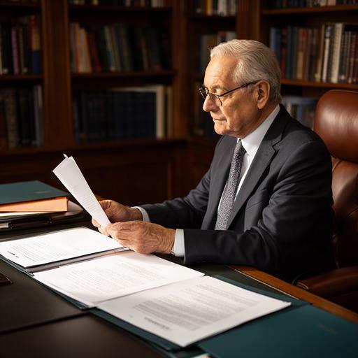 Carlos Martínez, abogado senior, revisando un contrato corporativo en una biblioteca profesional