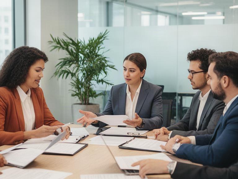 Reunión de socios revisando un contrato mercantil en una oficina profesional