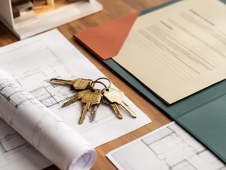 Llaves y contrato de compraventa sobre una mesa junto a planos de una vivienda