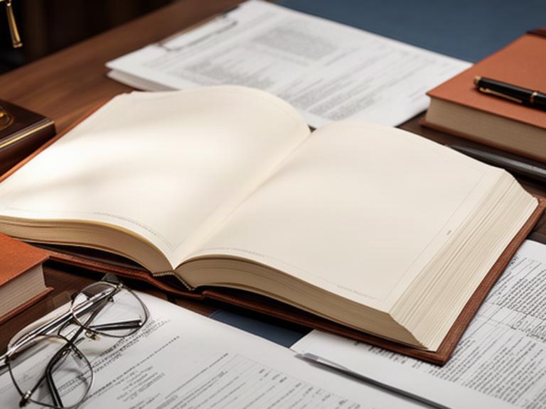 Código legal abierto junto a gafas y notas de trabajo en un escritorio profesional
