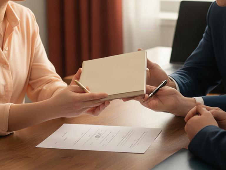 Persona entregando sus datos de contacto durante una consulta jurídica en una mesa de trabajo